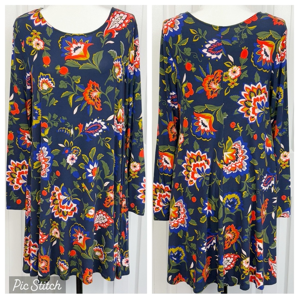 NWT Old Navy Blue Multi Floral Soft Knit Long Sleeve Swing Dress Large